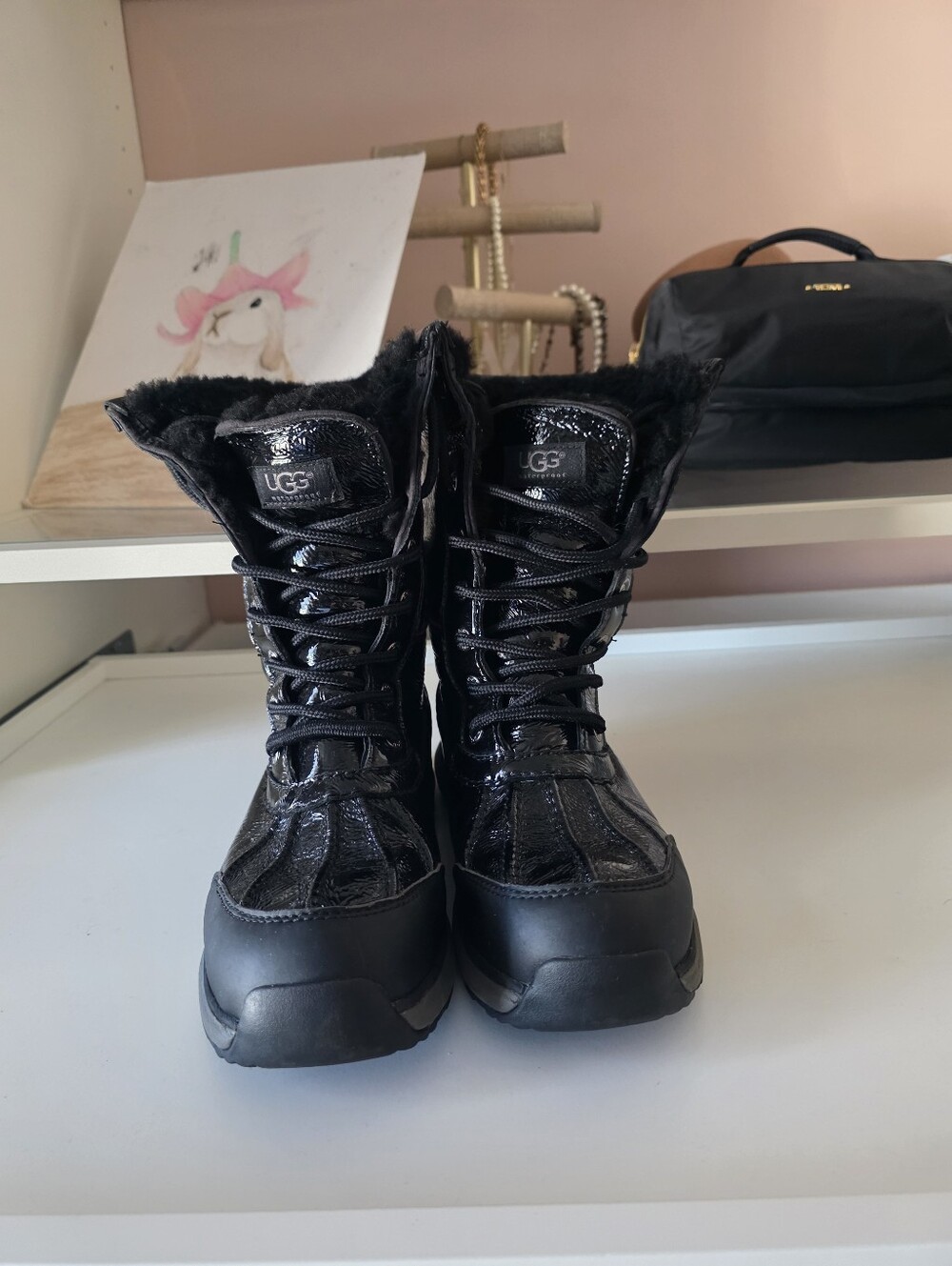 UGG Women's Black Lace-Up Faux Fur Winter Boots